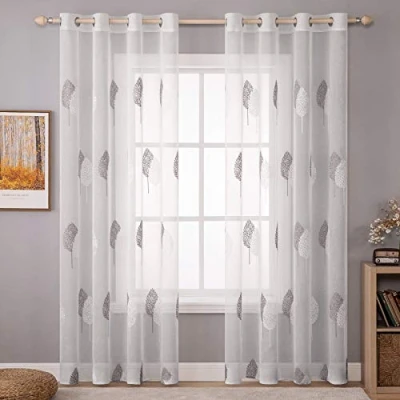 Image de MIULEE Lot de 2 Rideaux avec Motif Feuilles Gris et Blanc, Beaux Broderie Transparents, décoration à œillets, pour Salon, Moderne, Chaque H 225 x l 140 cm