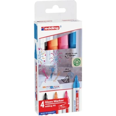 Image de edding 95 marqueur pour verre multi couleur 4 stylos pointe ronde 1,5 3 mm marqueurs effaçables vitres marquer des surfaces en (vitres, tableaux,tableau blancs) à sec