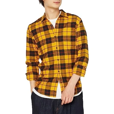 Image de Amazon Essentials Chemise Ajustée en Flanelle à Carreaux avec Boutons et Manches Longues Homme, Noir Jaune Écossais, S