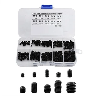 Image de Paquet de 240 Pcs DIN916 M3 M8 Noir Couleur Acier Allié Hex Grub Vis Écrous Noyaux Fil Tasse Point Machine Assortiment Kits