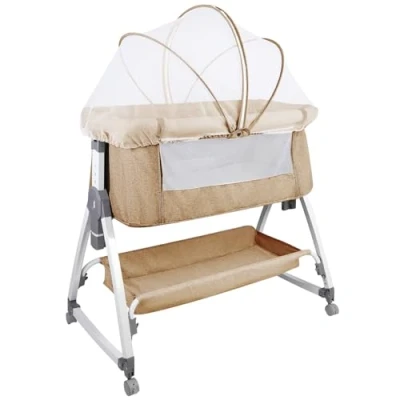 Image de HUOLE Berceau Bébé 3 en 1, Lit Cododo Portable avec Mode Berceau, Matelas Amovible, Hauteur Réglable, Poches de Rangement et Roues Verrouillables,80 * 40 100 115 cm Blanc cassé