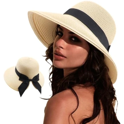 Image de DRESHOW Bowknot Chapeau de Soleil pour Femme Bord Large Pplage Pliable l&#039;été Sarouel en Paille à avec Nœud UPF 50+