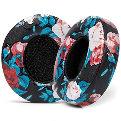 Image de Coussins de Rechange WC Extra épais pour écouteurs Supra Auriculaires sans Fil Beats Solo 2 &amp; 3 par Wicked Cushions Cuir Souple et Mousse à mémoire Forme, adhésif Puissant Floral Black