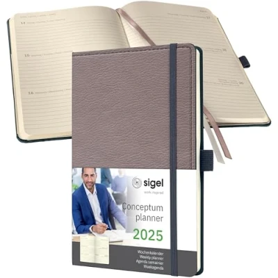 Image de SIGEL C2551 Agenda semainier 2025, motif rétro, A5, couverture rigide, taupe Conceptum