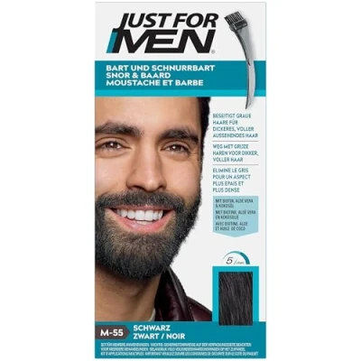 Image de Just For Men Formule, Barbe Noir, Coloration Moustache Et Homme, Élimine Les Poils Blancs Pour Un Résultat Plus Épais, Avec Pinceau Applicateur, Rapide Facile, M55