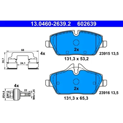 Image de ATE 13.0460 2639.2 Jeu de plaquettes frein préparé pour indicateur d&#039;usure, contact signal d&#039;usure exclu avec vis/boulons accessoires BMW: