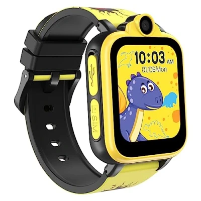 Image de IOWODO Montre Connectée Appel Enfant, avec Caméra, SOS, Musique, Carte SD Intégrée,SIM 2G,18 Jeux de Puzzle, Alarme pour Garçons Filles 3 12 Ans (Jaune)