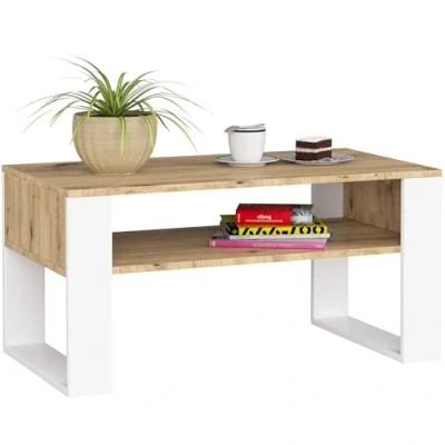Image de AKORD Table de Salon avec Une étagère DOMI L92xH45xP53 cm Basse Design Moderne Tables Basses Tableau Meuble Rangement Chêne Artisanal &amp; Façade Blanc