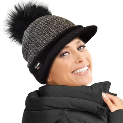 Image de RockJock Mesdames Molleton Chaud doublé en Maille Casquette Beanie Baseball avec Detachable Pom Fausse Fourrure Pompée Porter ou sans