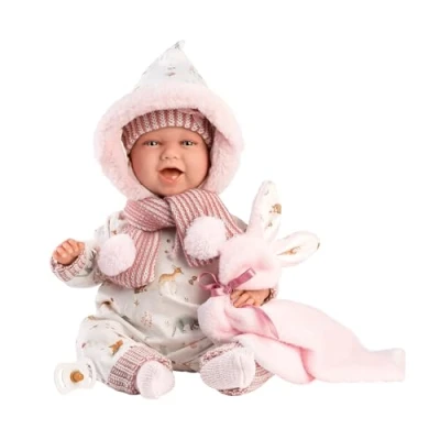 Image de Llorens 1074030 poupée Mimi Lapin, aux Yeux Bleus et au Corps Mou, bébé avec Tenue, tétine, Attache tétine Couverture Douce Motifs d&#039;animaux de la forêt, 42 cm