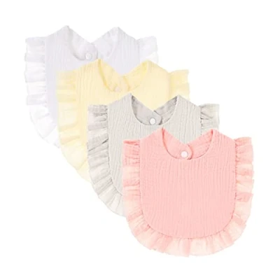 Image de Nishine 4 PACK Ensemble de bavoirs en mousseline solide pour bébés unisexe garçons filles coton ajustable dentition l&#039;alimentation baveuse(Set blanc)