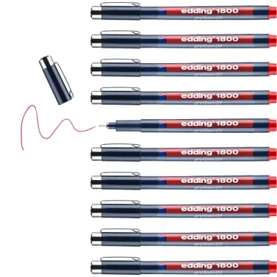 Image de Edding e 1800 0.1 0.3 0.5 0.7 Lot de 10 Feutres à Pointe ogive gainée métal pour Dessin technique 0,1 mm Rouge