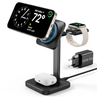 Image de ESR Support de Chargeur 3 en 1 (HaloLock), Compatible avec MagSafe, Amovible Certifié Apple Watch, Magnétique sans Fil, iPhone 16/15/14/13/12, AirPods 4/3/2/Pro, Noir