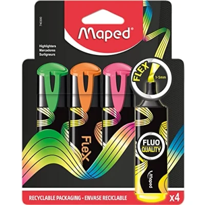Image de Maped 4 Surligneurs Fluo Peps Flex Pointe Douce Flexible Confort d&#039;Écriture sur Tous Types de Papier Couleurs Lumineuses Jaune + Vert Rose Orange