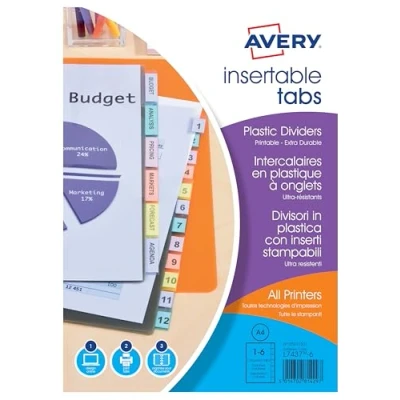 Image de AVERY Intercalaires à onglets personnalisables et imprimables, 6 touches, Format A4, En polypropylène coloré translucide