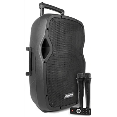 Image de Vonyx AP1200PA Enceinte Sono Portable avec Micros sans Fil 600W Max, Bluetooth, USB/SD/MP3, Boomer 12&quot;, Batterie Intégrée, Poignée Télescopique et roulettes pour Les Déplacements