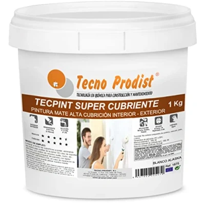 Image de TECPINT Super Cubrient de Tecno Prodist 1 kg(BLANC ALASKA) Peinture pour extérieur et intérieur à l&#039;eau Recouvrement supplémentaire, finition blanche Alaska, Lavable Sans odeur Application facile
