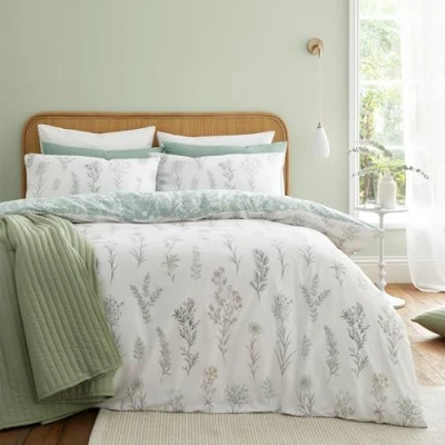 Image de Bianca Wild Flowers Parure de lit en Coton 200 Fils avec Housse Couette et taies d&#039;oreiller Vert King Size