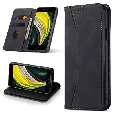 Image de Leaisan Coque pour iPhone SE 2022/iPhone 2020 Housse, 8/iPhone 7 Etui Housse Premium en Cuir PU Pochette Protection Stand Function Magnétique Anti Choc, à Rabat Noir