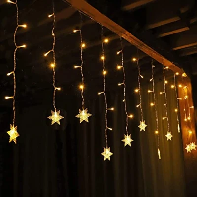 Image de SALCAR LED Etoilée Rideaux Lumineux de Fée, 3m Flocon Neige Guirlande Lumières Décoratives Pour Fenêtre, 31V 108 Leds 9 Modes Extérieur, Intérieur Noël Rideau Lumière Blanc Doux