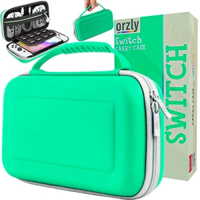 Image de Orzly Étui de Transport pour Console Nintendo Switch Oled Blanc avec Compartiment Rangement Accessoires et Jeux Facile à Nettoyer, Coffret Cadeau Vert/Blanc, Matériau Nettoyable Lavable