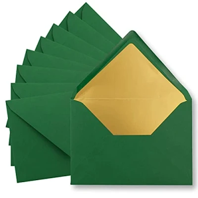 Image de FarbenFroh by GUSTAV NEUSER Lot de 25 enveloppes à lettres, format C5, vert foncé avec doublure métallisée dorée, 156 x 220 mm, fermeture collage humide rabat pointu