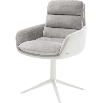 Image de chaise pivotante Abelia Flex avec accoudoirs tissu mixte cuir de vache blanc gris argenté pied 4 branches pivotement sur 360 fonction bascule