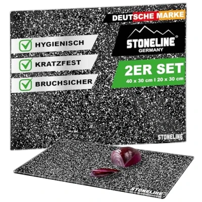 Image de STONELINE Lot de 2 Planches à Découper en Verre, Set 20 x 30 cm et 40 cm, aspect STONELINE, Résistant la Chaleur, Planche pour Fruits, Légumes, Viande Poisson