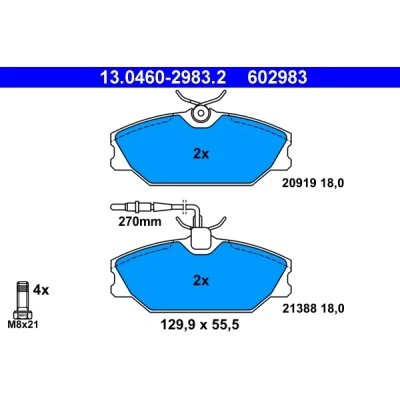 Image de ATE 13.0460 2983.2 Jeu de plaquettes frein contact signal d&#039;usure inclus avec vis d&#039;étrier RENAULT: SAFRANE 2, LAGUNA 1, MEGANE 1