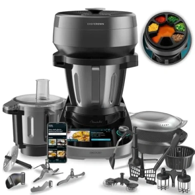 Image de Cecotec Robot de Cuisine Multifonction avec Distributeur d&#039;Aliments Mambo CooKing Total Gourmet. 2200 W, 45 Fonctions, Recettes Guidées, Récipient Unique 5L, Victory Accessoires