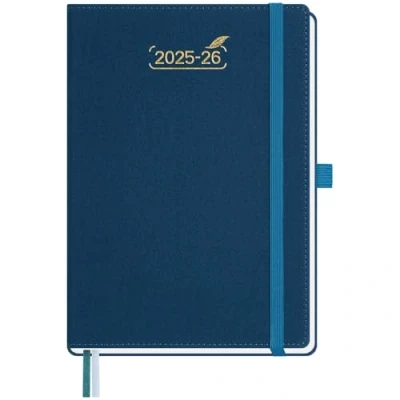 Image de BEZEND Agenda 2025 2026 A5 21 x 15,5 cm Semainier 25 26 avec Double Horaire 1 Semaine 2 Pages 18 Mois Du juil. à déc. Couverture Rigide en Cuir PU Bleu Prussien