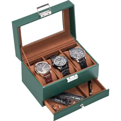 Image de Procase Boite a Montre à 3 Emplacements Coussins Montre, Range Antichoc avec Couvercle en Verre, pour Voyage Vert