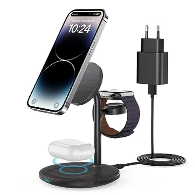 Image de Station de Recharge Magsafe,Station 3 en 1 pour Apple Watch et iPhone,Station Charge inductive Compatible avec Support mag Safe Adaptateur iPhone 15 14