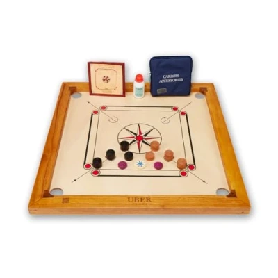 Image de Uber Games Ensemble de planches jeu junior Carrom 68,6 x cm comprenant Men, Striker &amp; Powder Set d&#039;entrée gamme Fabriqué en Inde Convient pour les débutants, enfants et