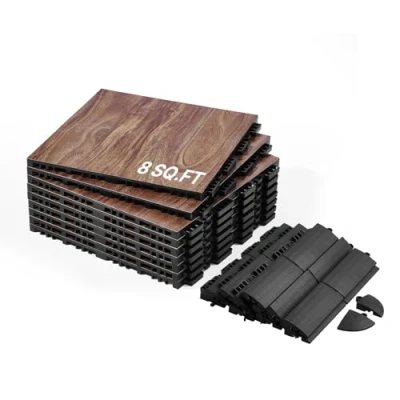 Image de VEVOR Revêtement de sol emboîtable, 315 x mm, dalles polyvalentes emboîtables, 9 pcs, piste danse portable avec base coussinée, grain bois chêne, marron, 0,8 m²/boîte