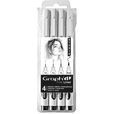 Image de GRAPH&#039;IT Fine liner Studio pochette de 3 feutres à pointes calibrées (0,2 0,3 0,5) + 1 Brush pointe pinceau, encre pigmentée base d’eau résistante la lumière et au gommage