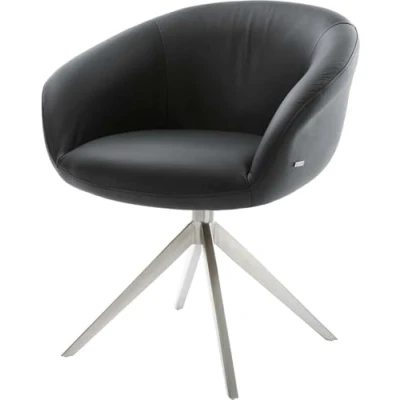 Image de Chaise pivotante Vinka Flex avec accoudoirs cuir de vache noir pied croisé large acier inoxydable brossé pivotement sur 360 fonction bascule ressorts ensachés