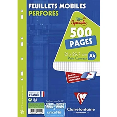 Image de Clairefontaine 11792C Un Étui de Feuillets Mobiles Perforés A4 21x29,7 cm 500 Pages Petits Carreaux Papier Blanc 90 g Réutilisable