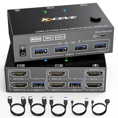Image de NAWEN Commutateur KVM USB 3.0 2 ordinateurs moniteurs HDMI double moniteur avec fonction EDID, prend en charge 4K @ 60Hz clavier souris pour ordinateur portable, PC, PS5, Xbox