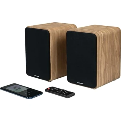Image de THOMSON WS602DUO Ensemble de 2 enceintes avec caisson en Bois 100W Bluetooth 5.0 sorties RCA clair Neuf