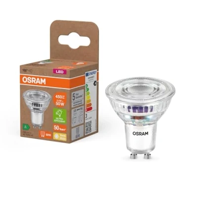 Image de OSRAM LED PAR16 de classe énergétique 2,5 W, 450 lm, blanc chaud (2700 K) en verre transparent sans plomb avec culot GU10 d&#039;efficacité A, diamètre 50 mm, pack IP20.6