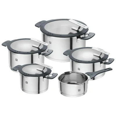 Image de ZWILLING Set de casseroles Simplify en acier inoxydable, 5 pièces, avec tamis intégré dans le couvercle, adapté à l&#039;induction, noir argenté