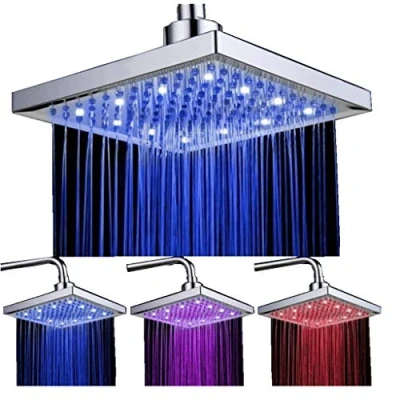 Image de Pomme de Douche Lumineuse Led 3 Couleurs Changeantes Pluie, 8 Pouces (20x20cm) Pommeau Fixe Carrée, 12pcs pour la Salle bain ABS Chrome Terminé