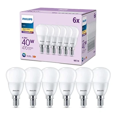 Image de Philips, pack de 6 ampoules LED dépolies 40W, format P45, E27, non dimmable, blanc chaud