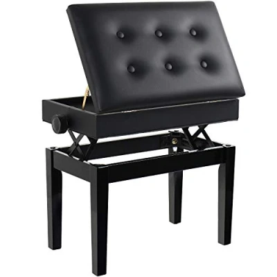 Image de GRANDMA SHARK Tabouret Piano, Banquette Piano Banc, Bois Banquette, Coiffeuse Tabouret, avec Compartiment de Rangement(Siège Unique Hauteur Réglable, Bouton Noir)