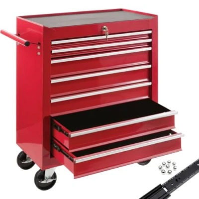 Image de AREBOS Servantes d&#039;atelier 7 Compartiments Fermeture centralisée Tapis antidérapants Inclus tiroirs sur roulements à Billes 2 Roues avec Frein (Rouge)