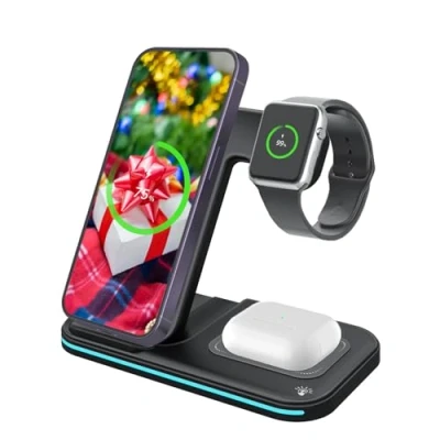 Image de MMOBIEL Chargeur Rapide Station Charger Compatible avec iPhone, Apple Watch et AirPods 3 in 1 Induction 15W Premium a Noir