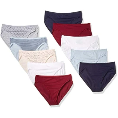 Image de Amazon Essentials Culotte en Coton à Jambe échancrée (Grandes Tailles Disponibles) Femme, Lot de 10, Imprimé Fleuri/Points/Thin Stripe, 44