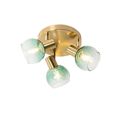 Image de Qazqa Art Déco plafondlamp goud met groen glas 3 lichts Verre Acier/Verre Rond Convient pour LED Max. x 25 Watt