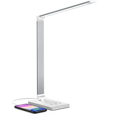 Image de Lampe de Bureau LED Blanc, Lampes Table Enfants Dimmable 5 Modes Couleur 10 Niveaux Luminosité, Contrôle Tactile Protection des Yeux, Chevet Avec USB et Minuterie